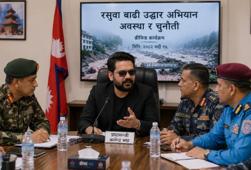 रसुवा बाढीको उद्धार अवस्थाबारे प्रधानमन्त्री बालेनले सुरक्षा प्रमुखसँग लिए ब्रिफिङ